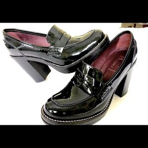 Browns Shiny black patent leather loafers platform comfy thick block heels US 10